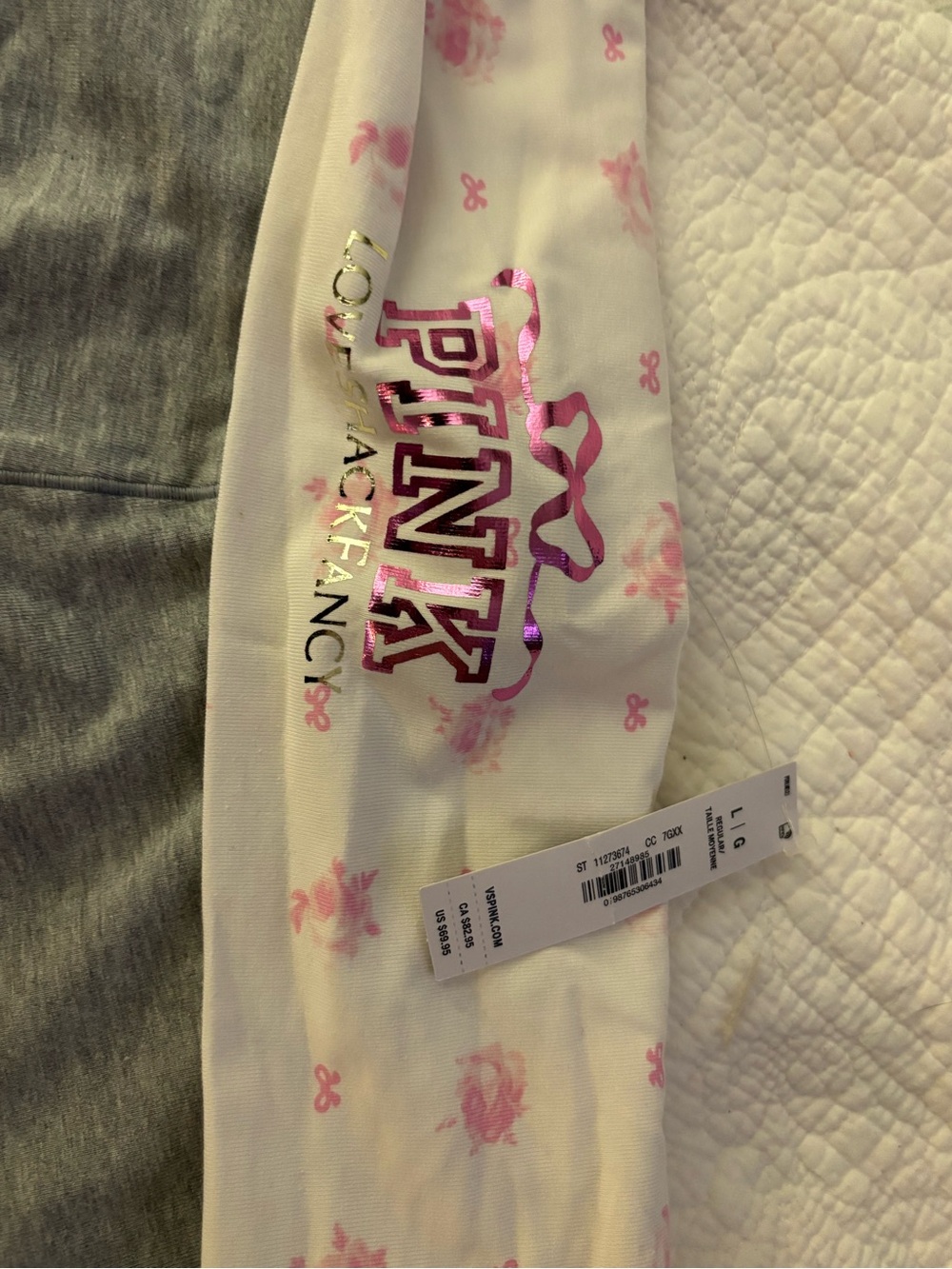 PINK Victoria's Secret LoveShackFancy Gray Leggings with Pink Fold-Over Waist - Picture 2 of 3